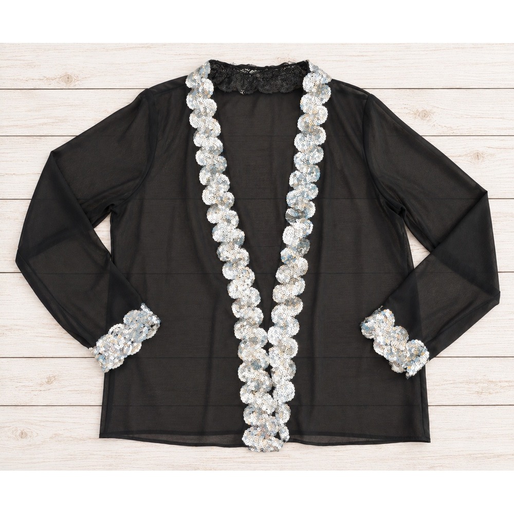 Sheer Sequin Cardigan Shrug Black Silver Glam Party Sparkle Evening Wear OS